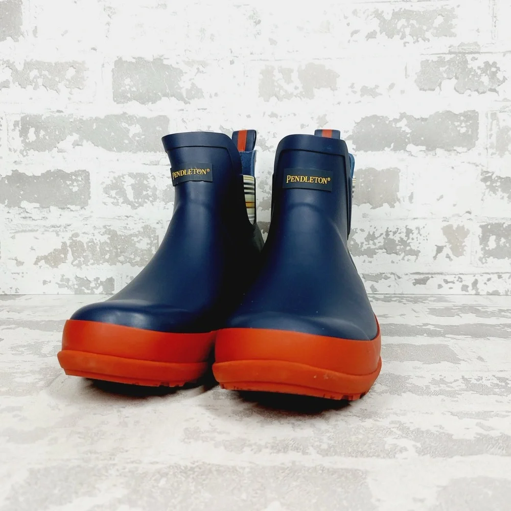 Pendleton Blue Rubber Chelsea Rain Boots with Contrast Orange Soles D520 - Picture 2 of 11